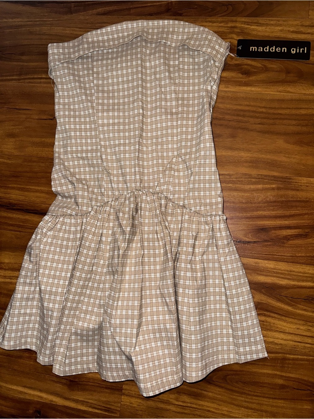 Madden Girl Beige and White Plaid Strapless Dress